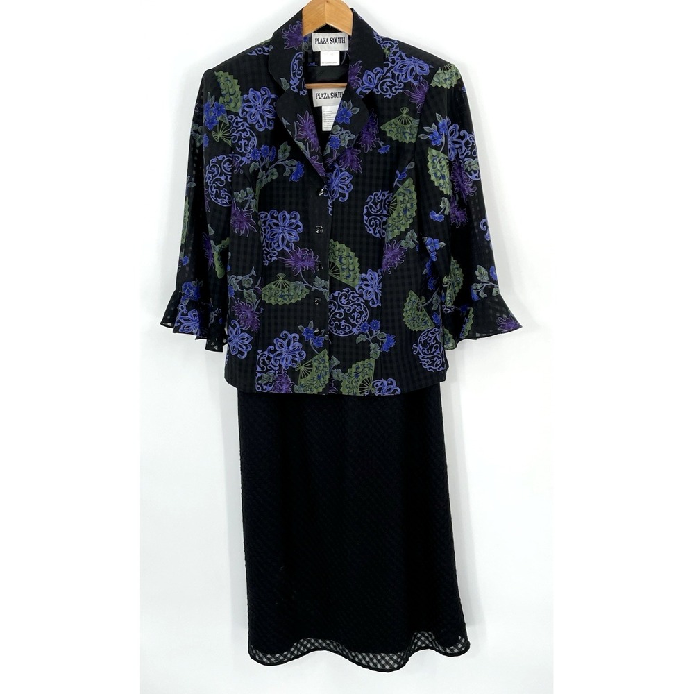 Vintage Plaza South Size 12 Two Piece Dress Button Up Jacket Set Black Purple